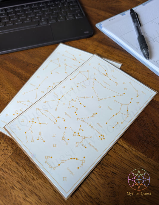 Two (2) rectangle sheets of sticker paper with constellation graphics. A laptop keyboard on the top left and notebook and pen on the top right. Company logo to the bottom right.